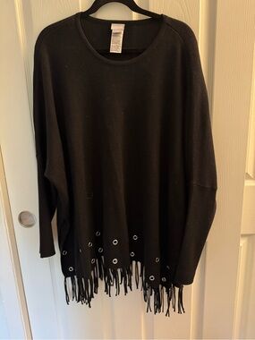 Chico's Black Knit Sweater with Fringe Hem